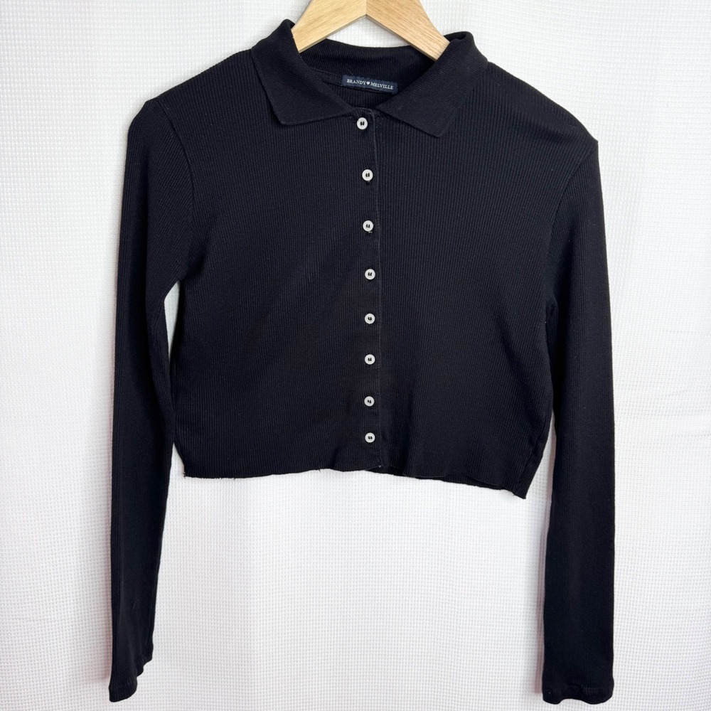 Brandy Melville Zelly Ribbed Button Down Collared Cropped Cardigan Black OS